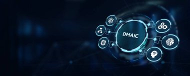 DMAIC, Altı Sigma. Tanımla, Ölç, Analiz et, Geliştir, Kontrol et. Standart kalite kontrol ve yassı imalat kavramı 3D illüstrasyon