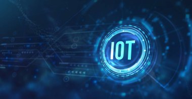 Nesnelerin interneti - IOT konsepti. İşadamı IOT ürünleri ve çözümler sunuyor. İnternet, iş, teknoloji ve ağ konsepti. 3d illüstrasyon.