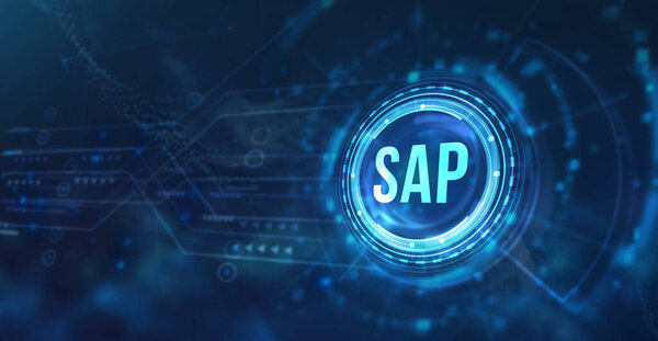 Интернет, бизнес, технология и сетевая концепция. Концепция SAP System Software Automation на виртуальном экране центра обработки данных. 3d иллюстрация.