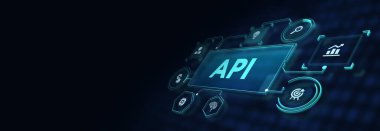 API - Uygulama Programı Arayüzü. Yazılım geliştirme aracı. İş, modern teknoloji, internet ve ağ konsepti 3D illüstrasyon