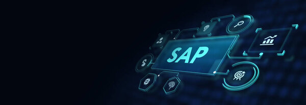 Концепция SAP System Software Automation на виртуальном экране центра обработки данных. Бизнес, современные технологии, Интернет и сетевая концепция. 3D иллюстрация