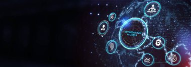 Optimizasyon Yazılım Teknolojisi Süreç Sistemi İş Konsepti. İş, Teknoloji, İnternet ve Ağ Konsepti 3D illüstrasyon