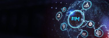 İş, teknoloji, internet ve şebeke kavramı. Geleceğin sanal ekranı ve yazıyı görüyor: BIM. 3B illüstrasyon