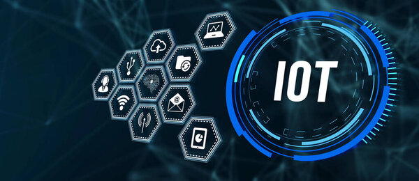 Интернет вещей - понятие IOT. Бизнесмен предлагает продукты и решения IOT. Интернет, бизнес, технология и сетевая концепция. 3d иллюстрация.