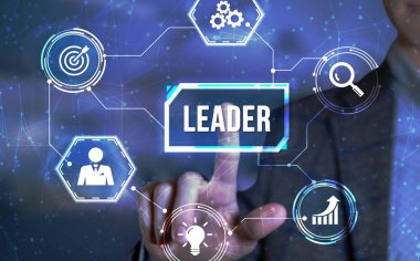 İnternet, iş, teknoloji ve ağ kavramı. Başarılı takım lideri. İş liderliği kavramları. Başarılı bir takım lideri bir yönetici pazar lideridir. Sanal düğme.