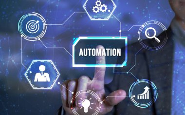 İnternet, iş, teknoloji ve ağ konsepti. Otomasyon Yazılım kavramı bir yenilik. Sanal düğme