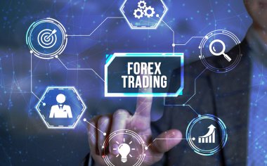 İnternet, iş, teknoloji ve ağ konsepti. FOREX TRADing, yeni iş konsepti. Sanal düğme.
