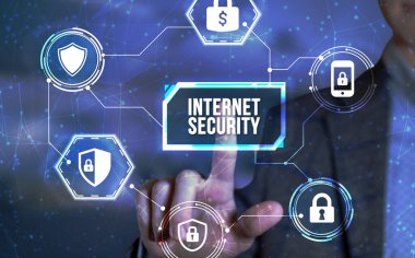 İnternet, iş, teknoloji ve ağ konsepti. Siber güvenlik veri koruması iş teknolojisi gizlilik kavramı. Sanal düğme.