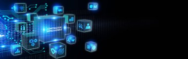 İş, teknoloji, internet ve şebeke kavramı. Geleceğin sanal ekranı ve yazıyı görüyor: Devamlı gelişim 3d illüstrasyon