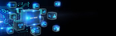 İş, teknoloji, internet ve şebeke kavramı. Geleceğin sanal ekranı ve yazıyı görüyor: ISO 9001. 3d illüstrasyon