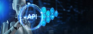 API - Uygulama Programı Arayüzü. Yazılım geliştirme aracı. İş, modern teknoloji, internet ve ağ kurma kavramı. 3d hazırlayıcı