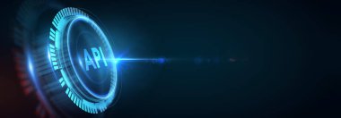 API - Uygulama Programı Arayüzü. Yazılım geliştirme aracı. İş, modern teknoloji, internet ve ağ konsepti 3D illüstrasyon