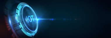 Nesnelerin interneti - IOT konsepti. İşadamı IOT ürünleri ve çözümler sunuyor. 3d illüstrasyon