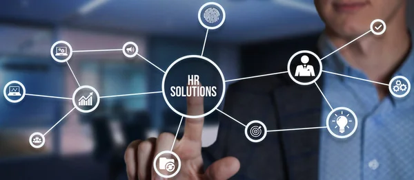 Интернет Бизнес Технология Сетевая Концепция Solutions Виртуальная Кнопка — стоковое фото
