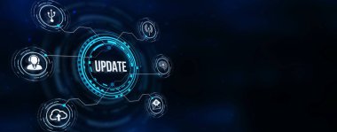 İnternet, iş, teknoloji ve ağ konsepti. Yazılım bilgisayar programını güncelle. 3d illüstrasyon.