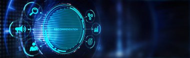 İş, Teknoloji, İnternet ve ağ konsepti. Sanal ekranda Tavsiye kelimesi. 3d illüstrasyon