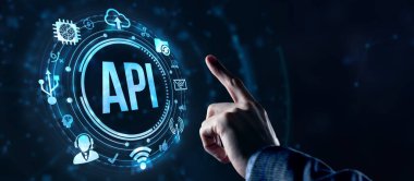 İnternet, iş, teknoloji ve ağ konsepti. Uygulama Programlama Arayüzü. Yazılım geliştirme aracı. Sanal düğme.