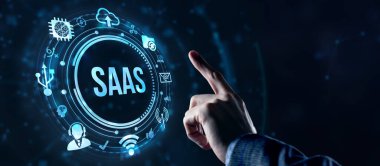 İnternet, iş, teknoloji ve ağ konsepti. Servis SaaS olarak yazılım. Yazılım konsepti. Sanal düğme.