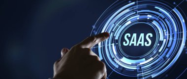 İnternet, iş, teknoloji ve ağ konsepti. Servis SaaS olarak yazılım. Yazılım konsepti. Sanal düğme.