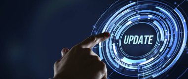 İnternet, iş, teknoloji ve ağ konsepti. Yazılım bilgisayar programını güncelle. Sanal düğme.