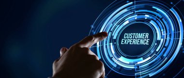 İnternet, iş, teknoloji ve ağ konsepti. Teknoloji geleceği. Müşteri Tecrübesi. Sanal düğme.