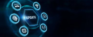 İnternet, iş, teknoloji ve ağ konsepti. Yazılım bilgisayar programını güncelle. 3d illüstrasyon.