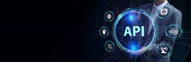 API - Uygulama Programı Arayüzü. Yazılım geliştirme aracı. İş, modern teknoloji, İnternet ve ağ kurma kavramı.  