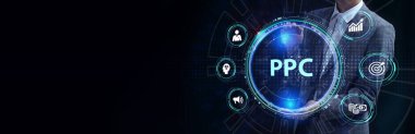 Tıklama başına ödeme teknolojisi dijital pazarlama internet sanal ekran konsepti. PPC