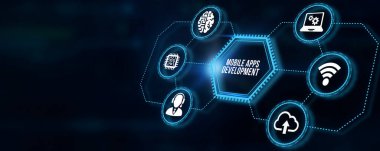 İnternet, iş, teknoloji ve ağ konsepti. Yazı mobili uygulamaları sanal ekranda DEVELOPMENT. Bulut teknolojisi kavramı. 3d illüstrasyon.