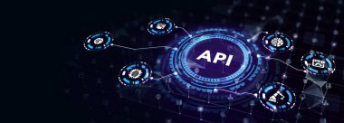 API - Uygulama Programı Arayüzü. Yazılım geliştirme aracı. İş, modern teknoloji, internet ve ağ konsepti 3D illüstrasyon
