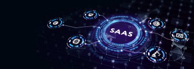 Servis SaaS olarak yazılım. Yazılım konsepti. İş, modern teknoloji, internet ve ağ kurma kavramı. 3B illüstrasyon