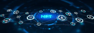 Sanal ekran 3D illüstrasyonunda NFT karşılanamaz dijital kripto