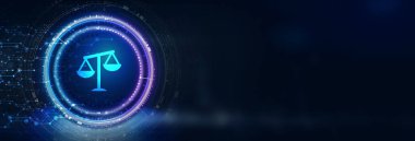 İş, Teknoloji, İnternet ve ağ konsepti. Çalışma hukuku, avukat, hukuk avukatı, sanal ekranda hukuki danışmanlık kavramı. 3d illüstrasyon