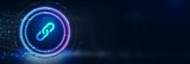 Soyut mavi arkaplanda zincir bağlantısı simgesi. Hiperlink zincir sembolü 3D görüntüleme. 3d illüstrasyon