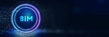 İş, teknoloji, internet ve şebeke kavramı. Geleceğin sanal ekranı ve yazıyı görüyor: BIM. 3B illüstrasyon