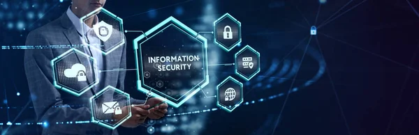 Säkerhet Dataskydd Affärsteknik Integritet Koncept Ung Affärsman Väljer Ikonen Informationssäkerhet — Stockfoto
