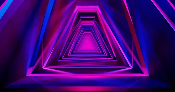 Render Geometriai Ábra Neon Fény Ellen Egy Sötét Alagútban Lézer — Stock Fotó