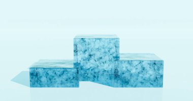 3 boyutlu görüntüleme. Bir podyum ya da dikdörtgen bir buz parçasından yapılmış bir tezgah. Işıklı arka planda. Stüdyo için arka plan.