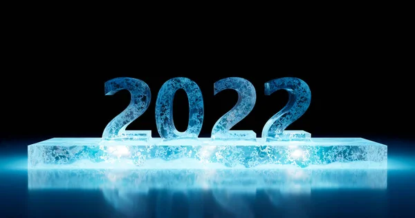 Renderizado Año Nuevo 2022 Escultura Hielo Sobre Podio Rectangular Con —  Fotos de Stock