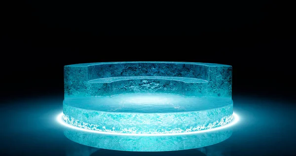 Representación Podio Soporte Hecho Sólido Trozo Hielo Forma Redonda Azul — Foto de Stock