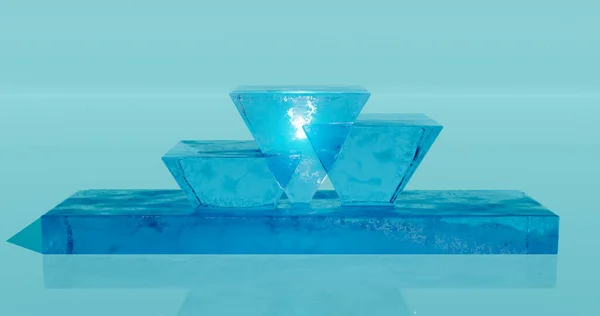 Representación Podio Soporte Hecho Una Pieza Sólida Hielo Triangular Azul — Foto de Stock