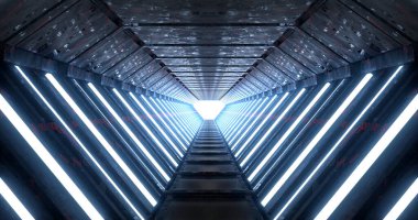 3D görüntüleme. Neon mavi ışıklı koridor ve sonunda parlak ışıklar. Uzağa gidiyor..
