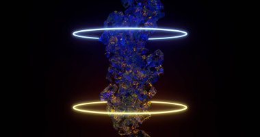 3D görüntüleme. Etrafı sarı ve mavi neon ışıklarıyla çevrili buz kütleleri düşüyor. Tasarımınız için arkaplan.