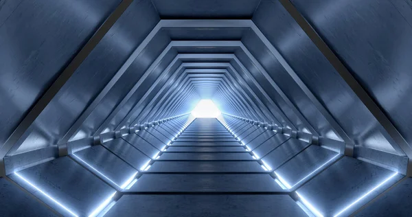 Rendering Corridor Neon Blue Lighting Bright Lights End Goes Distance — Fotografia de Stock