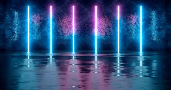 Renderöinti Suuret Lohkareita Jään Vuorattu Tiili Neon Valaistus Sinisessä Valossa — kuvapankkivalokuva
