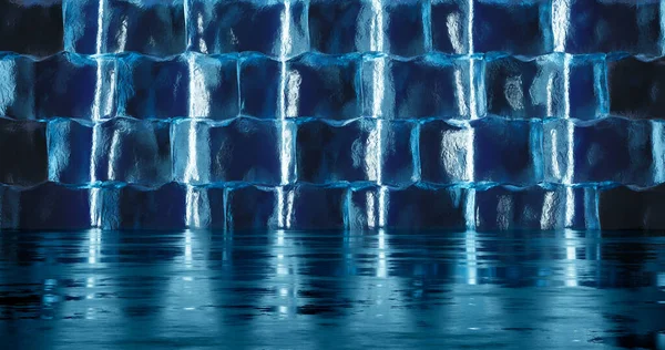 3Dレンダリング 氷の大きなブロックは 青の光でネオン照明とレンガ造りに並んでいます — ストック写真