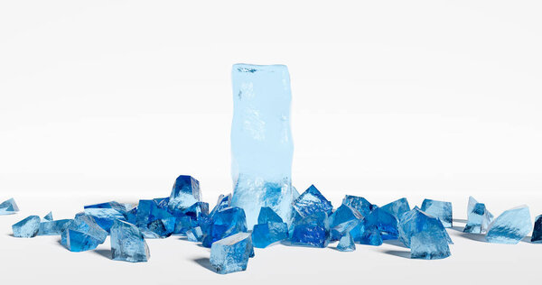 3D рендеринг. Куски синего прозрачного льда на белом изолированном фоне разбросаны по поверхности. Элемент для Вашего дизайна.