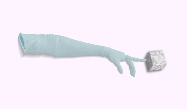 Vector Illustratie Kunstmatige Hand Prothese Raakt Een Marmeren Kubus Een — Stockvector