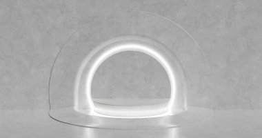 3D görüntüleme. Parlak bir odada, neon ışıklı geometrik şekillerin soyut bileşimi. Model için bir podyum..
