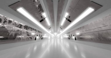 3D görüntüleme. Işık mermerinden yapılmış bir koridor. Duvarda dekoratif elementler var. Mesafeye kadar uzanıyor..